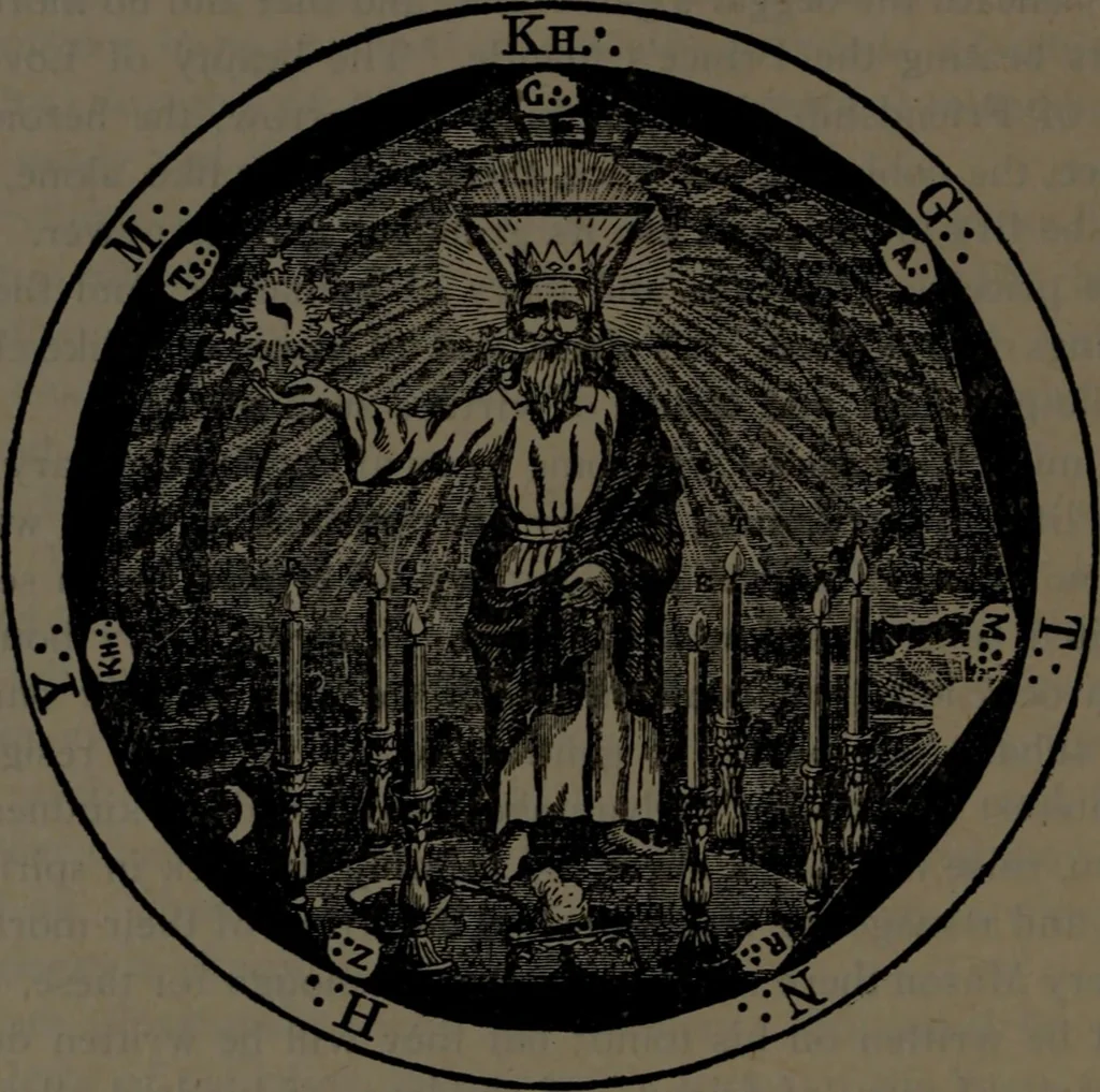 An illustration from Morals and dogma of the ancient and accepted Scottish Rite of freemasonry, 1906, leaf 263