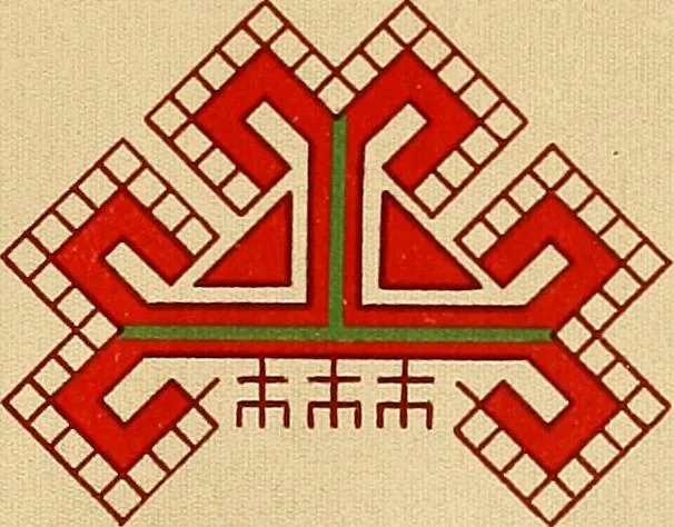 An illustration from Mordvalaisten pukuja kuoseja. Trachten und Muster der Mordvinen, 1896, leaf 374