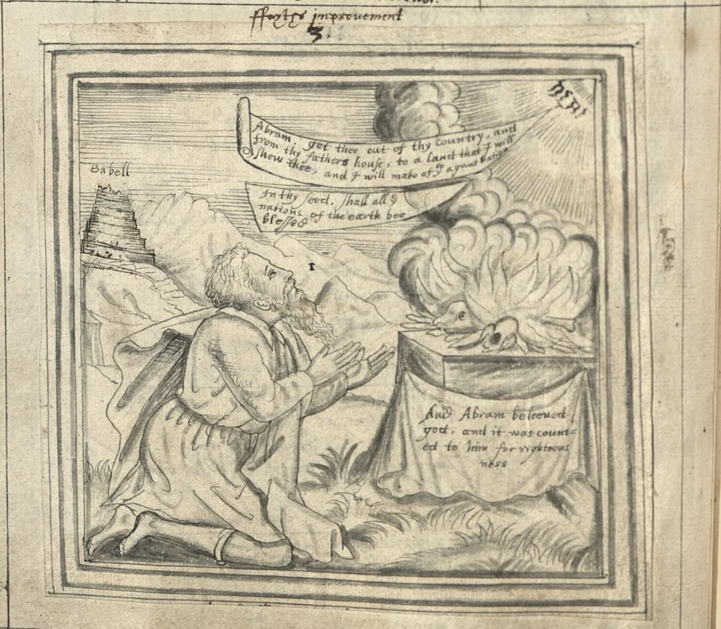 An illustration from The most auntient historie of God and man, or, A collection of Gods proceedings with man in generall, from the first, to the last : but more especially of the devinity, and humanitie of our blessed sauiour Iesus Christ, his loue to his spouse, and his hate to his, and her enimies, together wth Satans plottes against her in all ages, in form of a poem, 1629, leaf 19
