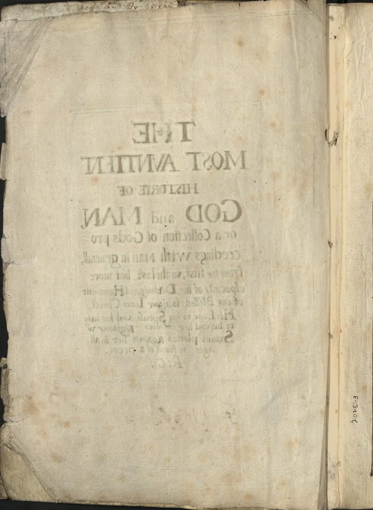 An illustration from The most auntient historie of God and man, or, A collection of Gods proceedings with man in generall, from the first, to the last : but more especially of the devinity, and humanitie of our blessed sauiour Iesus Christ, his loue to his spouse, and his hate to his, and her enimies, together wth Satans plottes against her in all ages, in form of a poem, 1629, leaf 2
