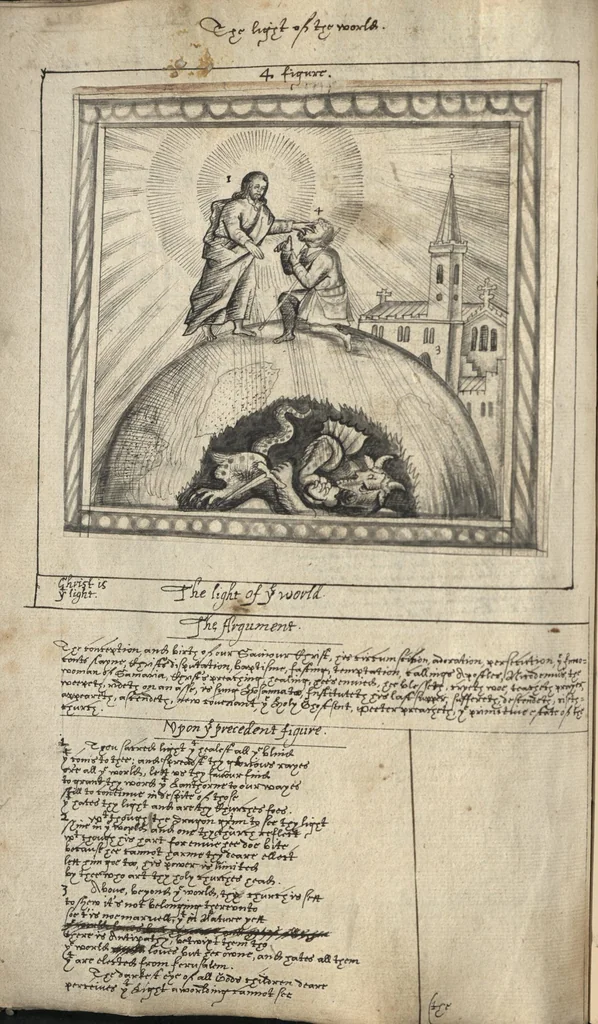 An illustration from The most auntient historie of God and man, or, A collection of Gods proceedings with man in generall, from the first, to the last : but more especially of the devinity, and humanitie of our blessed sauiour Iesus Christ, his loue to his spouse, and his hate to his, and her enimies, together wth Satans plottes against her in all ages, in form of a poem, 1629, leaf 31