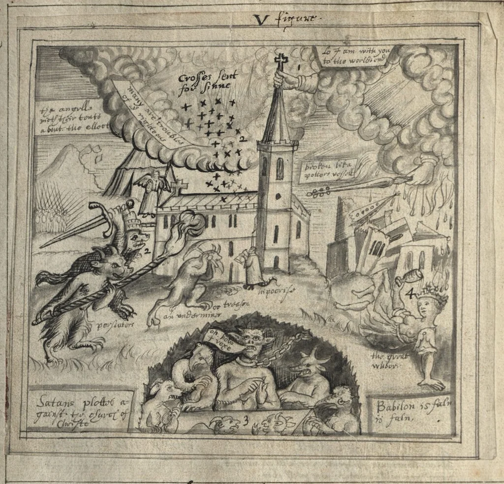 An illustration from The most auntient historie of God and man, or, A collection of Gods proceedings with man in generall, from the first, to the last : but more especially of the devinity, and humanitie of our blessed sauiour Iesus Christ, his loue to his spouse, and his hate to his, and her enimies, together wth Satans plottes against her in all ages, in form of a poem, 1629, leaf 63