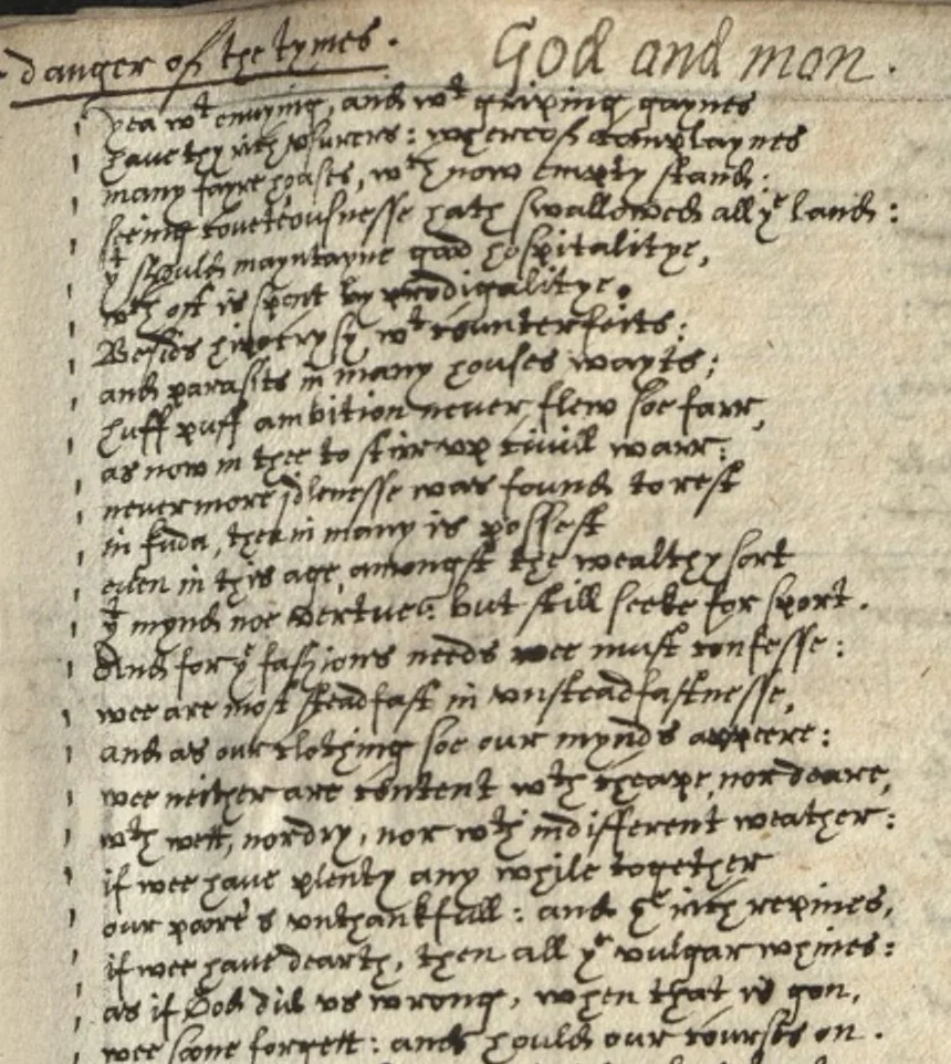 An illustration from The most auntient historie of God and man, or, A collection of Gods proceedings with man in generall, from the first, to the last : but more especially of the devinity, and humanitie of our blessed sauiour Iesus Christ, his loue to his spouse, and his hate to his, and her enimies, together wth Satans plottes against her in all ages, in form of a poem, 1629, leaf 64