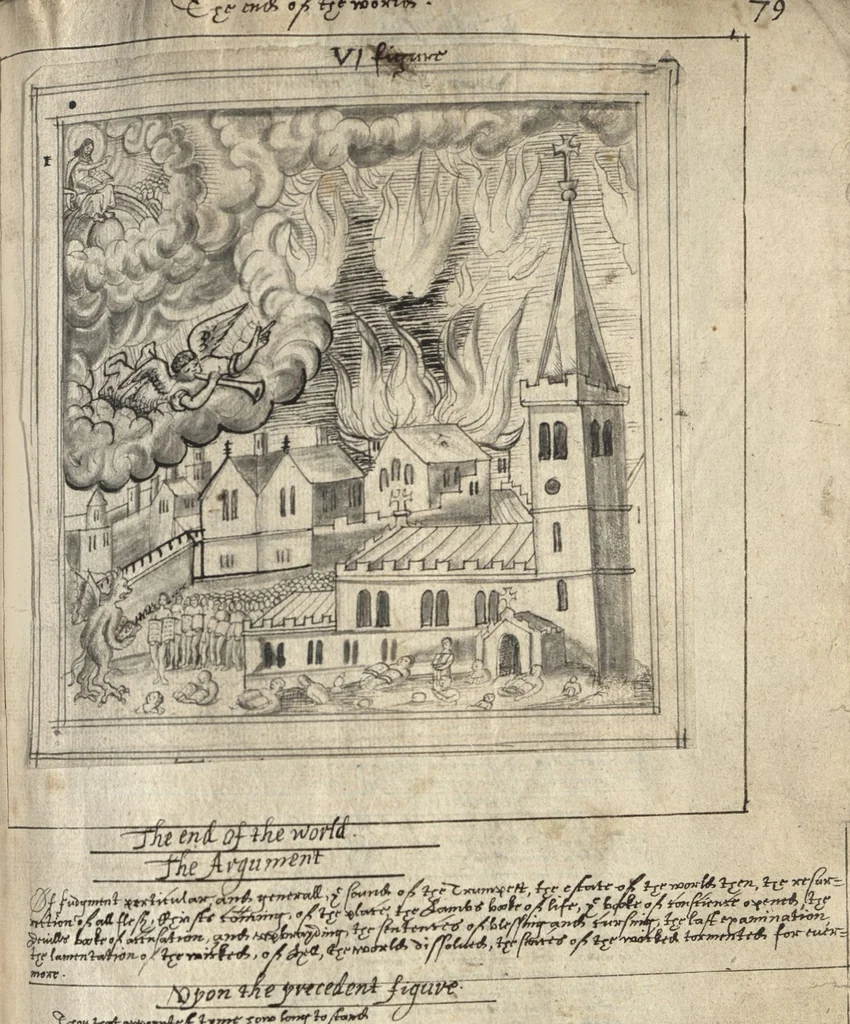 An illustration from The most auntient historie of God and man, or, A collection of Gods proceedings with man in generall, from the first, to the last : but more especially of the devinity, and humanitie of our blessed sauiour Iesus Christ, his loue to his spouse, and his hate to his, and her enimies, together wth Satans plottes against her in all ages, in form of a poem, 1629, leaf 82