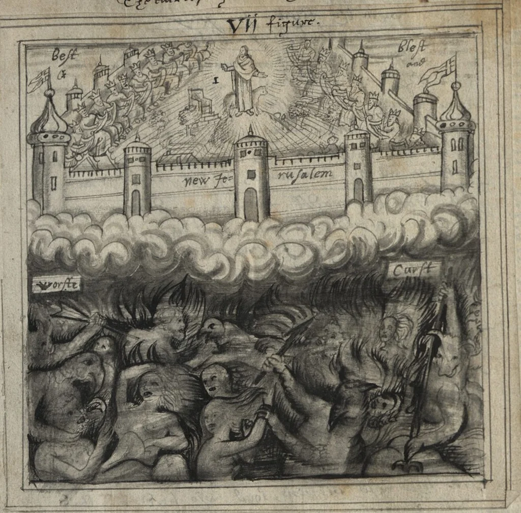 An illustration from The most auntient historie of God and man, or, A collection of Gods proceedings with man in generall, from the first, to the last : but more especially of the devinity, and humanitie of our blessed sauiour Iesus Christ, his loue to his spouse, and his hate to his, and her enimies, together wth Satans plottes against her in all ages, in form of a poem, 1629, leaf 88