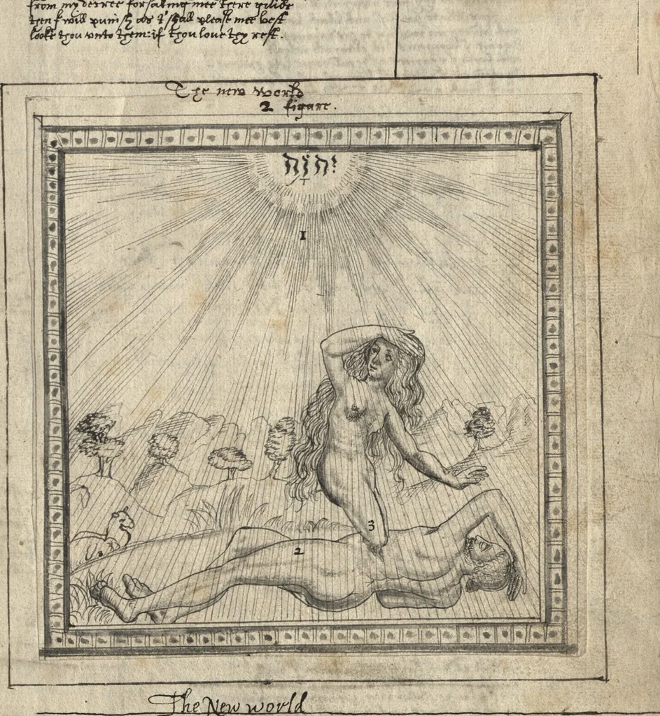 An illustration from The most auntient historie of God and man, or, A collection of Gods proceedings with man in generall, from the first, to the last : but more especially of the devinity, and humanitie of our blessed sauiour Iesus Christ, his loue to his spouse, and his hate to his, and her enimies, together wth Satans plottes against her in all ages, in form of a poem, 1629, leaf 9