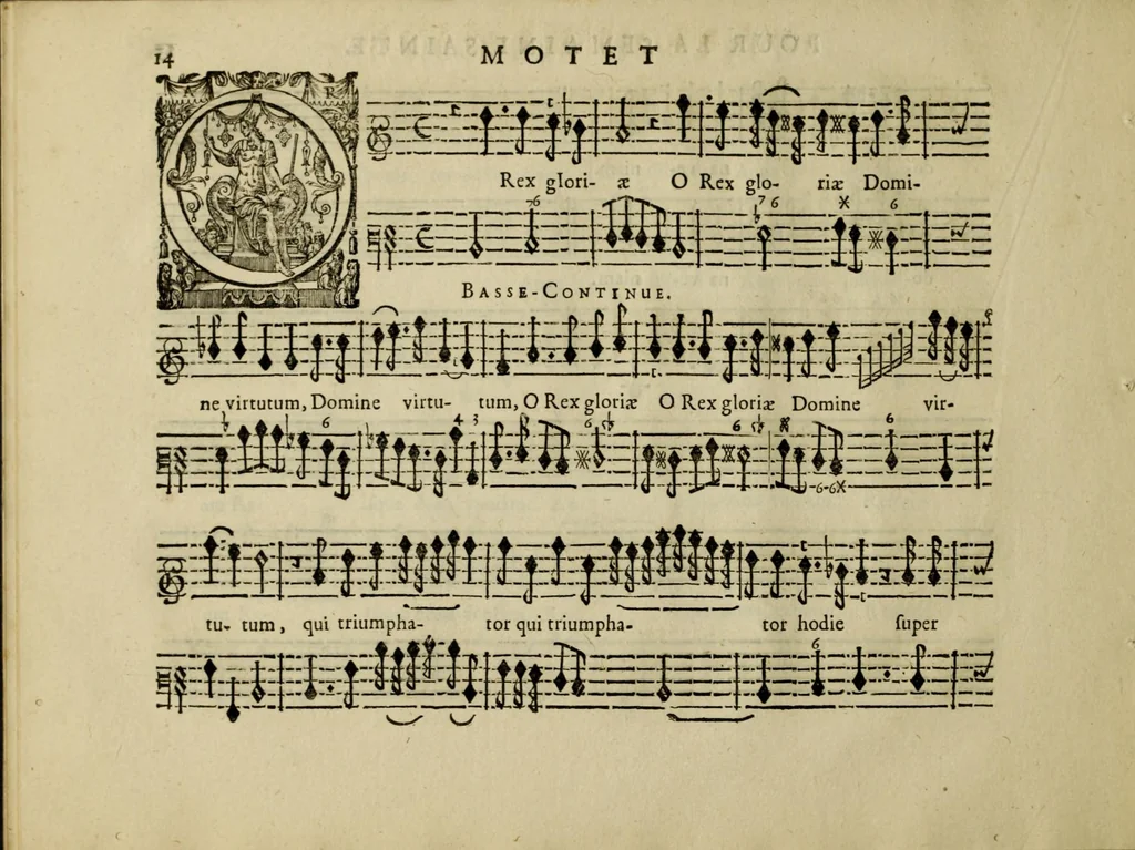 An illustration from Motets pour les principales festes de l'annee : a une voix seule avec la basse-continue, & plusiers petites ritournelles pour l'orgue ou les violles : pour les dames religieuses, et toutes autres personnes, 1687, leaf 22