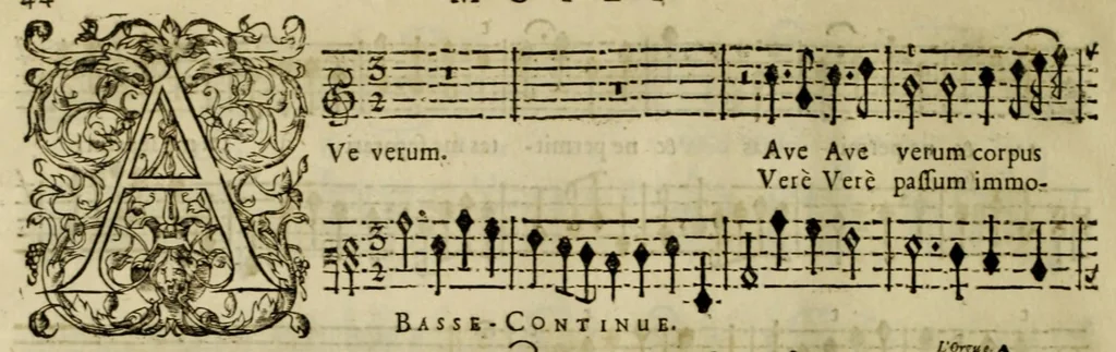 An illustration from Motets pour les principales festes de l'annee : a une voix seule avec la basse-continue, & plusiers petites ritournelles pour l'orgue ou les violles : pour les dames religieuses, et toutes autres personnes, 1687, leaf 52