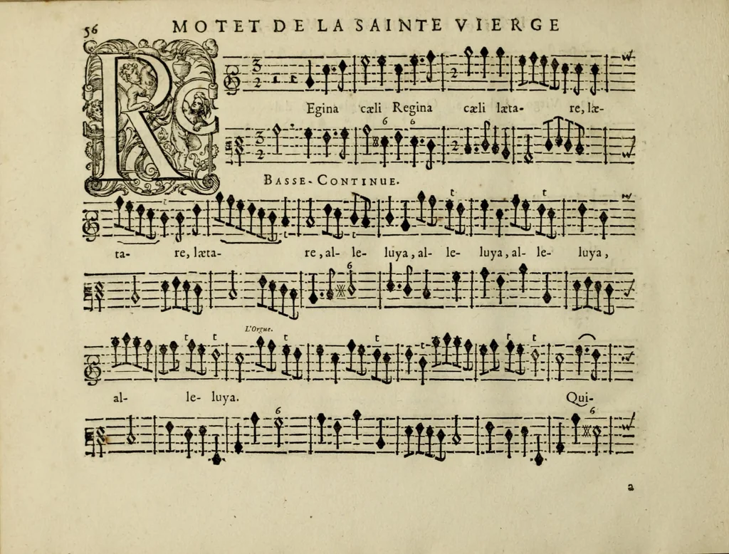 An illustration from Motets pour les principales festes de l'annee : a une voix seule avec la basse-continue, & plusiers petites ritournelles pour l'orgue ou les violles : pour les dames religieuses, et toutes autres personnes, 1687, leaf 64