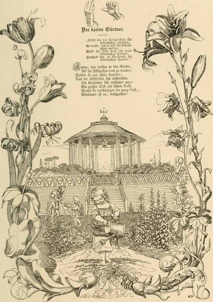 An illustration from Mother's songs, games and stories : Fröbel's "Mutter- und Kose-Lieder", 1888, leaf 122