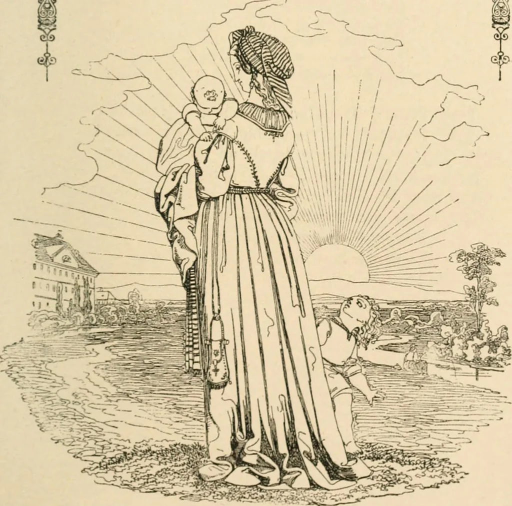 An illustration from Mother's songs, games and stories : Fröbel's "Mutter- und Kose-Lieder", 1888, leaf 136