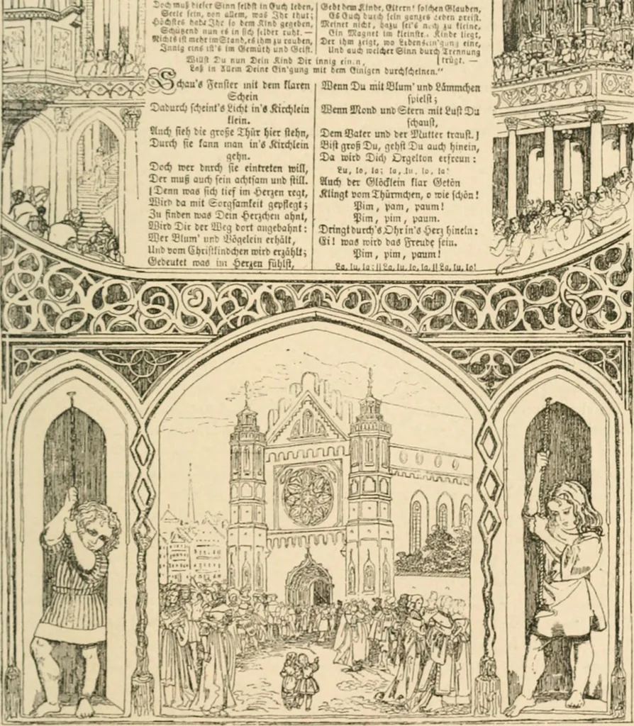 An illustration from Mother's songs, games and stories : Fröbel's "Mutter- und Kose-Lieder", 1888, leaf 144