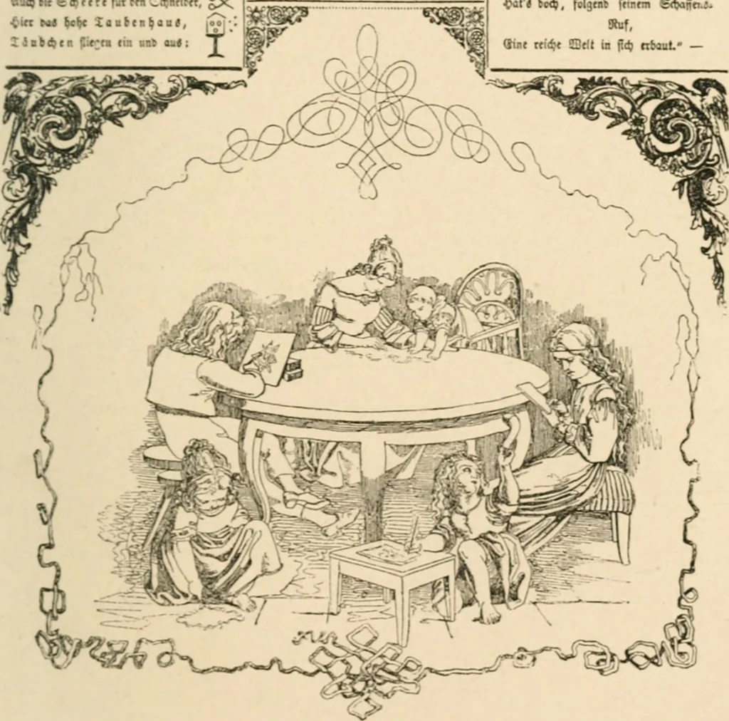 An illustration from Mother's songs, games and stories : Fröbel's "Mutter- und Kose-Lieder", 1888, leaf 146