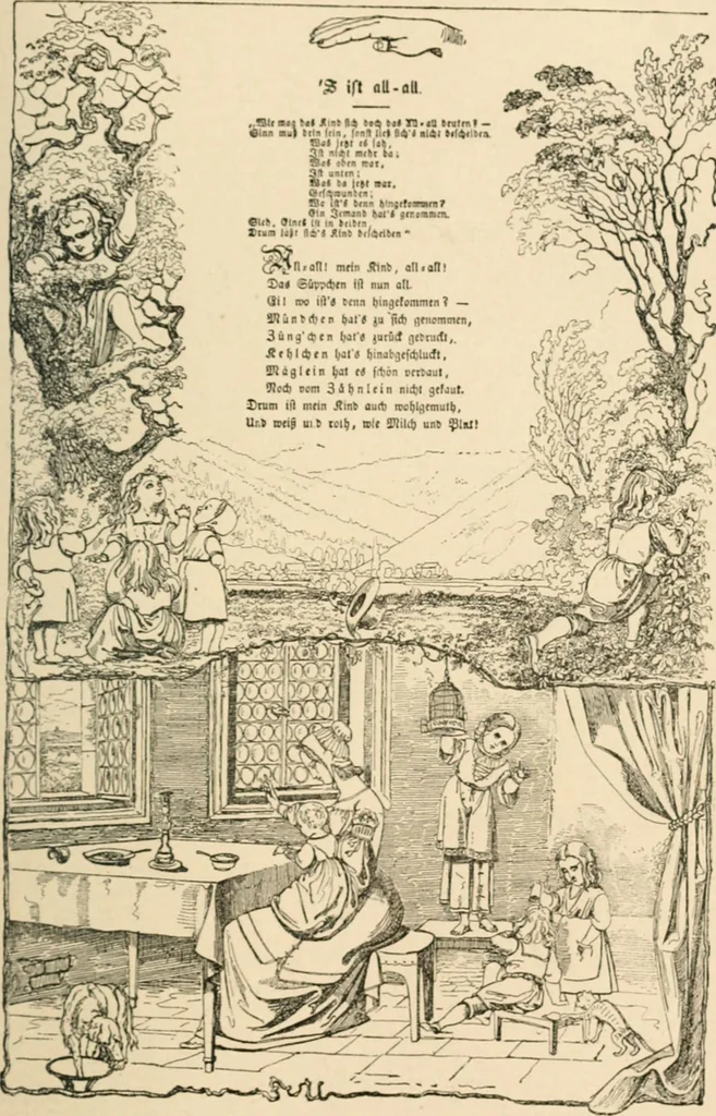 An illustration from Mother's songs, games and stories : Fröbel's "Mutter- und Kose-Lieder", 1888, leaf 56