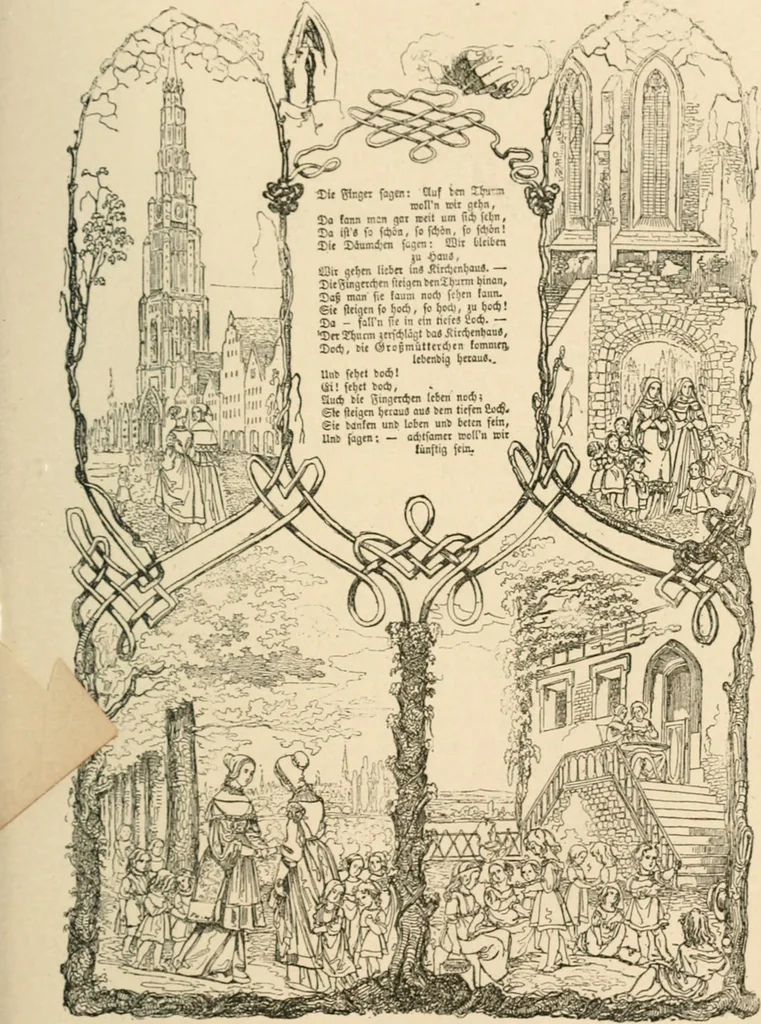 An illustration from Mother's songs, games and stories : Fröbel's "Mutter- und Kose-Lieder", 1888, leaf 92