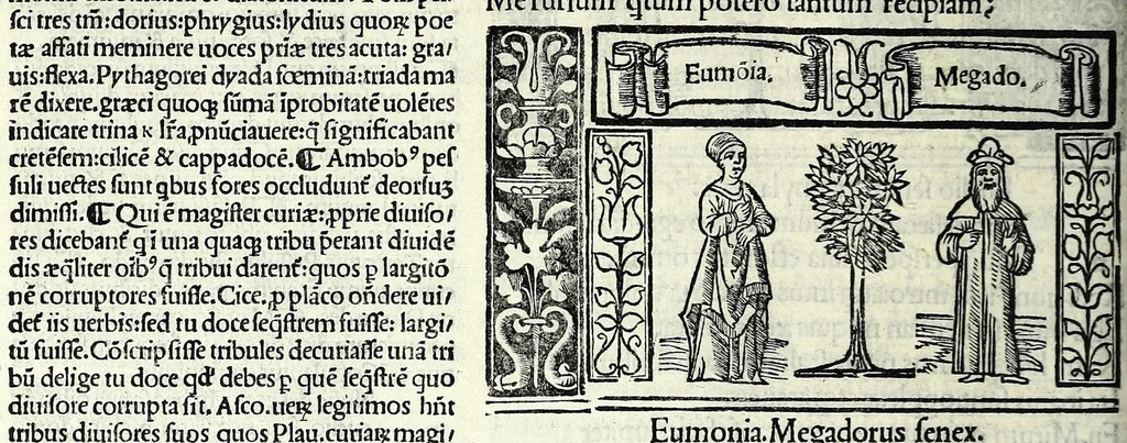 An illustration from M. Plauti linguae latinae principis comoediae XX recens ex collatione multorum codicum : q[ui] tum calamo scripti tum formulis excusi habeba[n]tur singulari diligentia recognitae : item eaedem comoediae o[mn]ibus fere locis co[m]mentationibus ornantur, 1511, leaf 114
