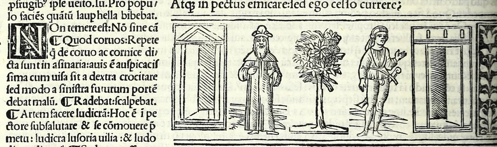 An illustration from M. Plauti linguae latinae principis comoediae XX recens ex collatione multorum codicum : q[ui] tum calamo scripti tum formulis excusi habeba[n]tur singulari diligentia recognitae : item eaedem comoediae o[mn]ibus fere locis co[m]mentationibus ornantur, 1511, leaf 130