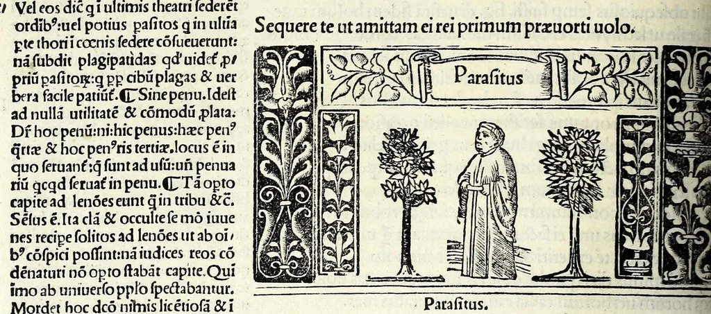 An illustration from M. Plauti linguae latinae principis comoediae XX recens ex collatione multorum codicum : q[ui] tum calamo scripti tum formulis excusi habeba[n]tur singulari diligentia recognitae : item eaedem comoediae o[mn]ibus fere locis co[m]mentationibus ornantur, 1511, leaf 154