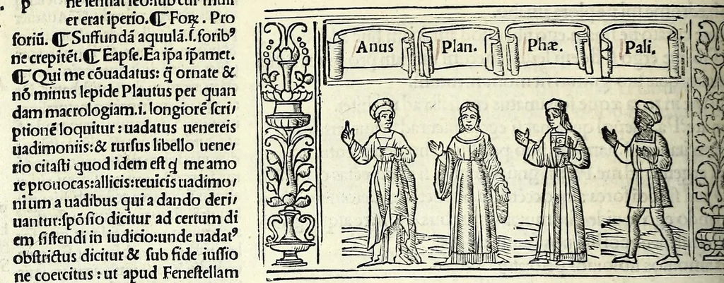 An illustration from M. Plauti linguae latinae principis comoediae XX recens ex collatione multorum codicum : q[ui] tum calamo scripti tum formulis excusi habeba[n]tur singulari diligentia recognitae : item eaedem comoediae o[mn]ibus fere locis co[m]mentationibus ornantur, 1511, leaf 182