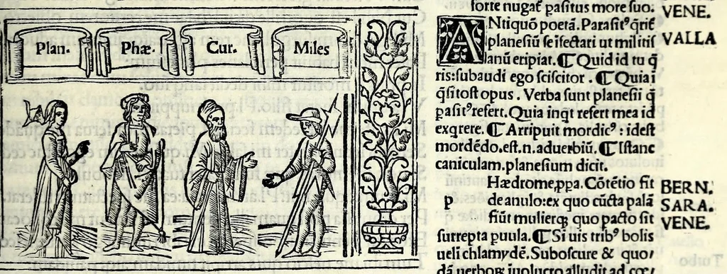 An illustration from M. Plauti linguae latinae principis comoediae XX recens ex collatione multorum codicum : q[ui] tum calamo scripti tum formulis excusi habeba[n]tur singulari diligentia recognitae : item eaedem comoediae o[mn]ibus fere locis co[m]mentationibus ornantur, 1511, leaf 197