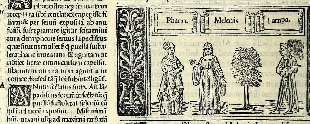 An illustration from M. Plauti linguae latinae principis comoediae XX recens ex collatione multorum codicum : q[ui] tum calamo scripti tum formulis excusi habeba[n]tur singulari diligentia recognitae : item eaedem comoediae o[mn]ibus fere locis co[m]mentationibus ornantur, 1511, leaf 236