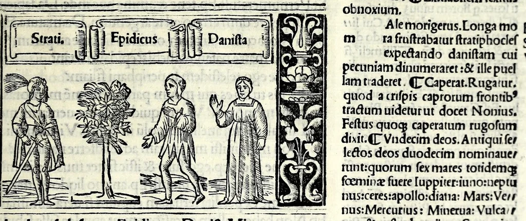 An illustration from M. Plauti linguae latinae principis comoediae XX recens ex collatione multorum codicum : q[ui] tum calamo scripti tum formulis excusi habeba[n]tur singulari diligentia recognitae : item eaedem comoediae o[mn]ibus fere locis co[m]mentationibus ornantur, 1511, leaf 259