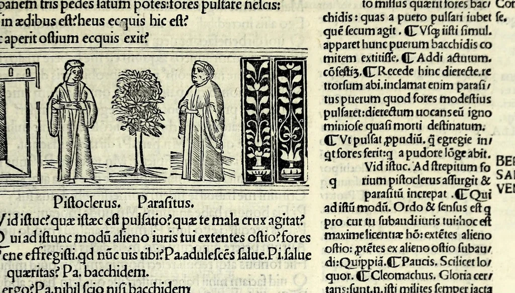 An illustration from M. Plauti linguae latinae principis comoediae XX recens ex collatione multorum codicum : q[ui] tum calamo scripti tum formulis excusi habeba[n]tur singulari diligentia recognitae : item eaedem comoediae o[mn]ibus fere locis co[m]mentationibus ornantur, 1511, leaf 279