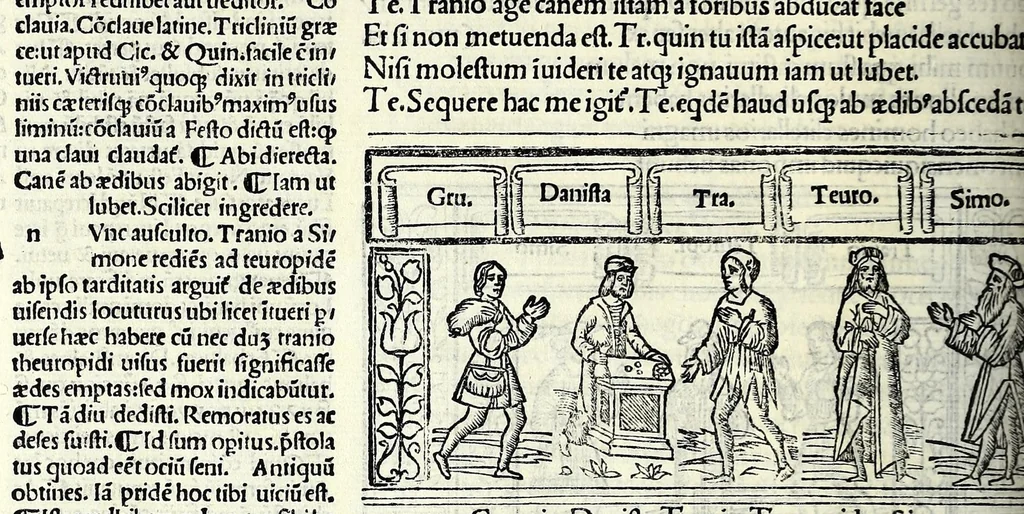 An illustration from M. Plauti linguae latinae principis comoediae XX recens ex collatione multorum codicum : q[ui] tum calamo scripti tum formulis excusi habeba[n]tur singulari diligentia recognitae : item eaedem comoediae o[mn]ibus fere locis co[m]mentationibus ornantur, 1511, leaf 312