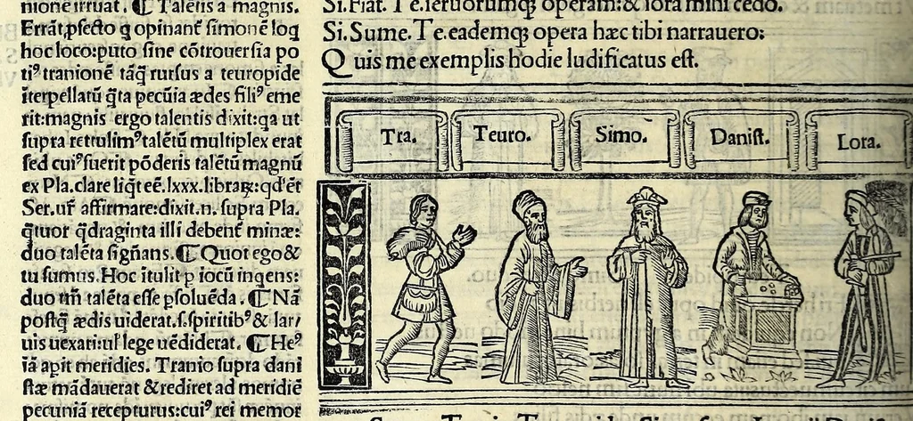 An illustration from M. Plauti linguae latinae principis comoediae XX recens ex collatione multorum codicum : q[ui] tum calamo scripti tum formulis excusi habeba[n]tur singulari diligentia recognitae : item eaedem comoediae o[mn]ibus fere locis co[m]mentationibus ornantur, 1511, leaf 318