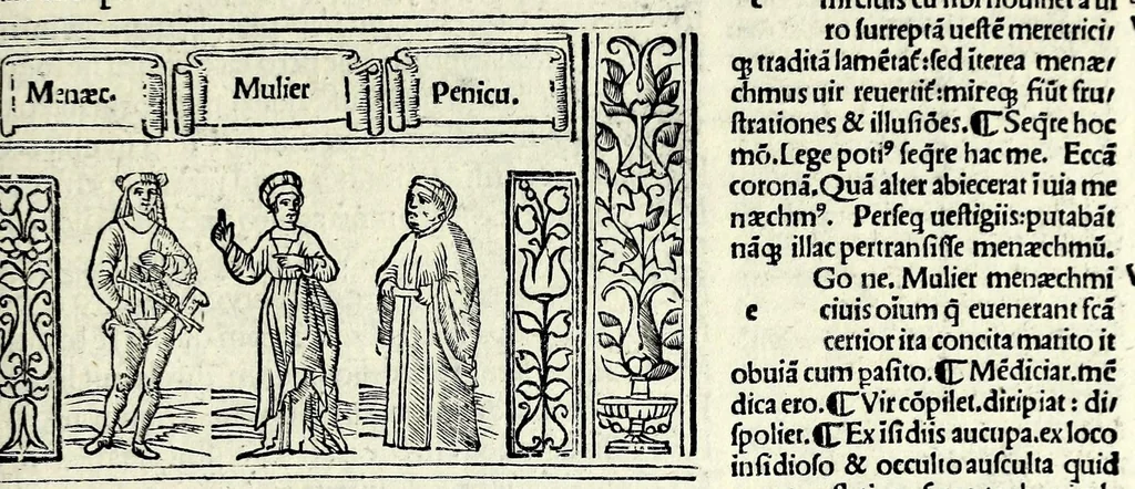 An illustration from M. Plauti linguae latinae principis comoediae XX recens ex collatione multorum codicum : q[ui] tum calamo scripti tum formulis excusi habeba[n]tur singulari diligentia recognitae : item eaedem comoediae o[mn]ibus fere locis co[m]mentationibus ornantur, 1511, leaf 339