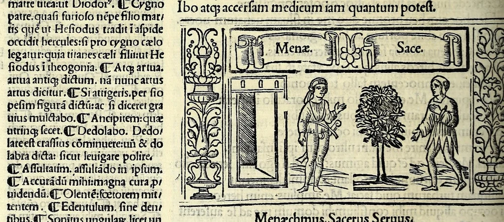 An illustration from M. Plauti linguae latinae principis comoediae XX recens ex collatione multorum codicum : q[ui] tum calamo scripti tum formulis excusi habeba[n]tur singulari diligentia recognitae : item eaedem comoediae o[mn]ibus fere locis co[m]mentationibus ornantur, 1511, leaf 346