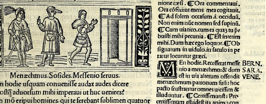 An illustration from M. Plauti linguae latinae principis comoediae XX recens ex collatione multorum codicum : q[ui] tum calamo scripti tum formulis excusi habeba[n]tur singulari diligentia recognitae : item eaedem comoediae o[mn]ibus fere locis co[m]mentationibus ornantur, 1511, leaf 351