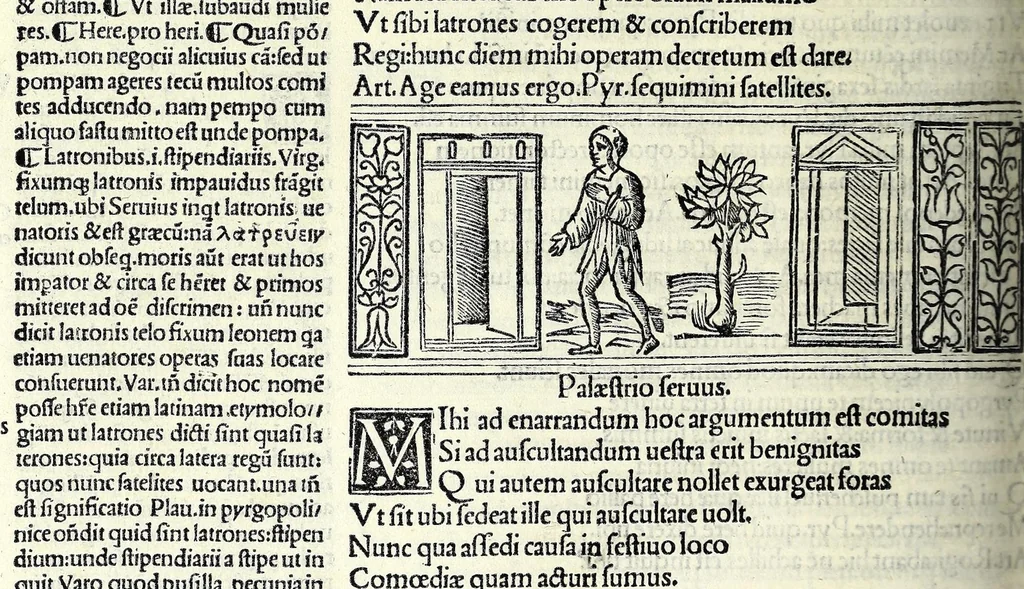 An illustration from M. Plauti linguae latinae principis comoediae XX recens ex collatione multorum codicum : q[ui] tum calamo scripti tum formulis excusi habeba[n]tur singulari diligentia recognitae : item eaedem comoediae o[mn]ibus fere locis co[m]mentationibus ornantur, 1511, leaf 358