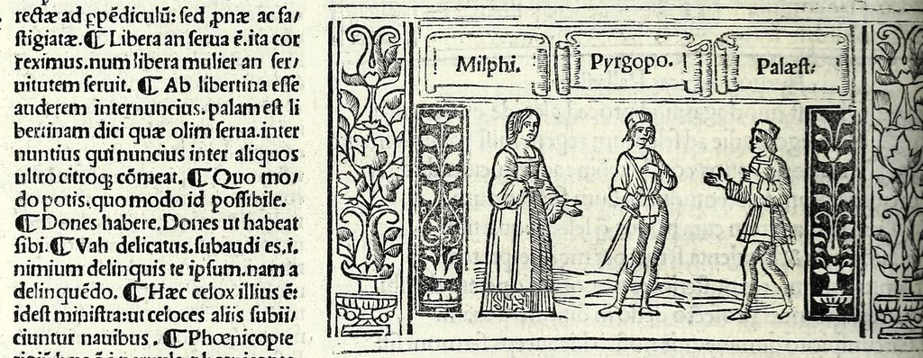 An illustration from M. Plauti linguae latinae principis comoediae XX recens ex collatione multorum codicum : q[ui] tum calamo scripti tum formulis excusi habeba[n]tur singulari diligentia recognitae : item eaedem comoediae o[mn]ibus fere locis co[m]mentationibus ornantur, 1511, leaf 380