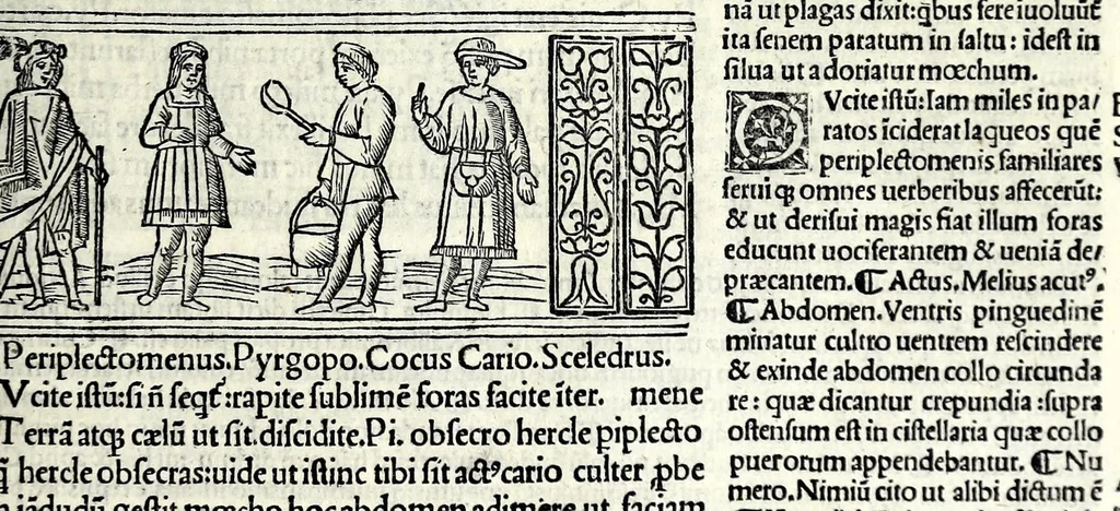 An illustration from M. Plauti linguae latinae principis comoediae XX recens ex collatione multorum codicum : q[ui] tum calamo scripti tum formulis excusi habeba[n]tur singulari diligentia recognitae : item eaedem comoediae o[mn]ibus fere locis co[m]mentationibus ornantur, 1511, leaf 389