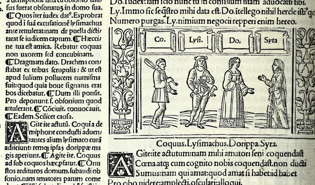 An illustration from M. Plauti linguae latinae principis comoediae XX recens ex collatione multorum codicum : q[ui] tum calamo scripti tum formulis excusi habeba[n]tur singulari diligentia recognitae : item eaedem comoediae o[mn]ibus fere locis co[m]mentationibus ornantur, 1511, leaf 410