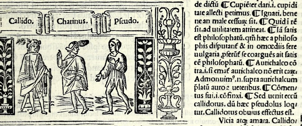 An illustration from M. Plauti linguae latinae principis comoediae XX recens ex collatione multorum codicum : q[ui] tum calamo scripti tum formulis excusi habeba[n]tur singulari diligentia recognitae : item eaedem comoediae o[mn]ibus fere locis co[m]mentationibus ornantur, 1511, leaf 439