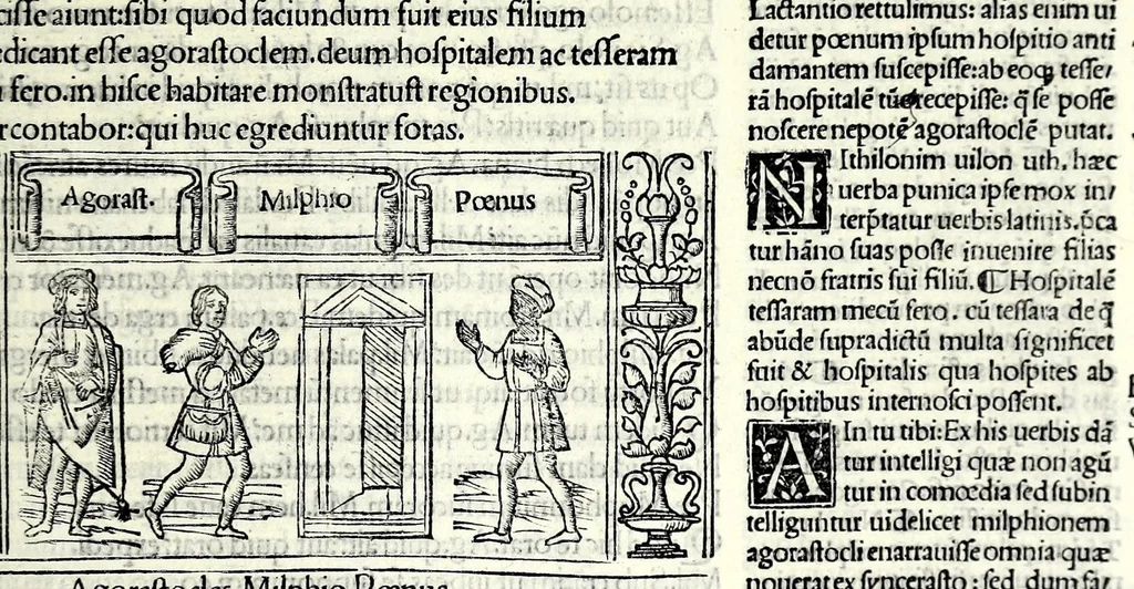 An illustration from M. Plauti linguae latinae principis comoediae XX recens ex collatione multorum codicum : q[ui] tum calamo scripti tum formulis excusi habeba[n]tur singulari diligentia recognitae : item eaedem comoediae o[mn]ibus fere locis co[m]mentationibus ornantur, 1511, leaf 483