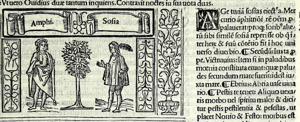 An illustration from M. Plauti linguae latinae principis comoediae XX recens ex collatione multorum codicum : q[ui] tum calamo scripti tum formulis excusi habeba[n]tur singulari diligentia recognitae : item eaedem comoediae o[mn]ibus fere locis co[m]mentationibus ornantur, 1511, leaf 51