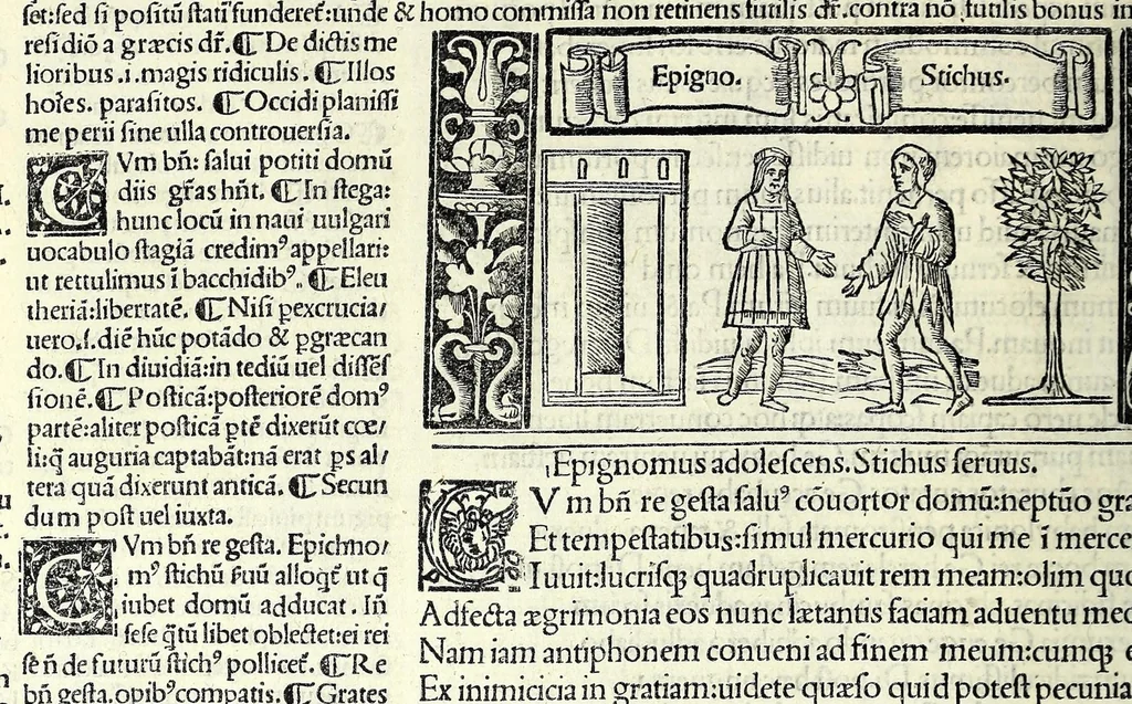 An illustration from M. Plauti linguae latinae principis comoediae XX recens ex collatione multorum codicum : q[ui] tum calamo scripti tum formulis excusi habeba[n]tur singulari diligentia recognitae : item eaedem comoediae o[mn]ibus fere locis co[m]mentationibus ornantur, 1511, leaf 568