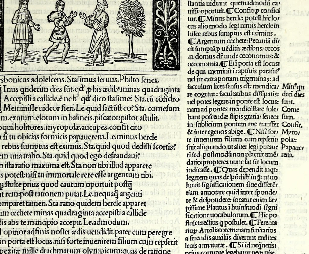 An illustration from M. Plauti linguae latinae principis comoediae XX recens ex collatione multorum codicum : q[ui] tum calamo scripti tum formulis excusi habeba[n]tur singulari diligentia recognitae : item eaedem comoediae o[mn]ibus fere locis co[m]mentationibus ornantur, 1511, leaf 589
