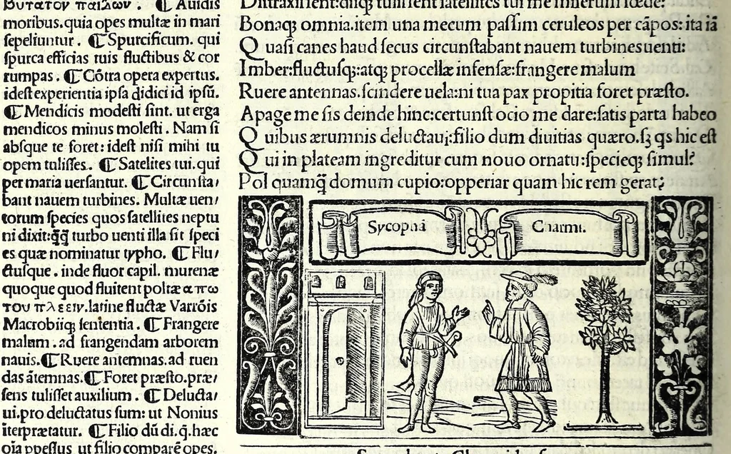 An illustration from M. Plauti linguae latinae principis comoediae XX recens ex collatione multorum codicum : q[ui] tum calamo scripti tum formulis excusi habeba[n]tur singulari diligentia recognitae : item eaedem comoediae o[mn]ibus fere locis co[m]mentationibus ornantur, 1511, leaf 598
