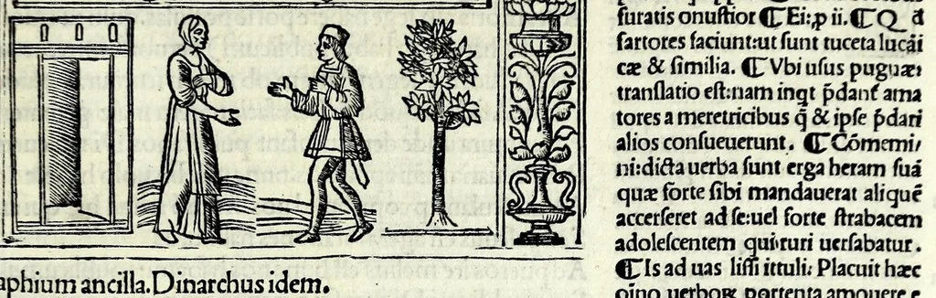 An illustration from M. Plauti linguae latinae principis comoediae XX recens ex collatione multorum codicum : q[ui] tum calamo scripti tum formulis excusi habeba[n]tur singulari diligentia recognitae : item eaedem comoediae o[mn]ibus fere locis co[m]mentationibus ornantur, 1511, leaf 611