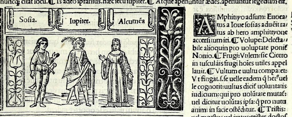 An illustration from M. Plauti linguae latinae principis comoediae XX recens ex collatione multorum codicum : q[ui] tum calamo scripti tum formulis excusi habeba[n]tur singulari diligentia recognitae : item eaedem comoediae o[mn]ibus fere locis co[m]mentationibus ornantur, 1511, leaf 63