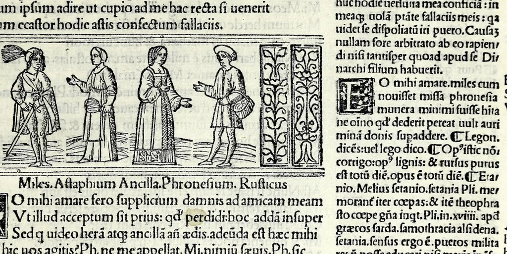 An illustration from M. Plauti linguae latinae principis comoediae XX recens ex collatione multorum codicum : q[ui] tum calamo scripti tum formulis excusi habeba[n]tur singulari diligentia recognitae : item eaedem comoediae o[mn]ibus fere locis co[m]mentationibus ornantur, 1511, leaf 631
