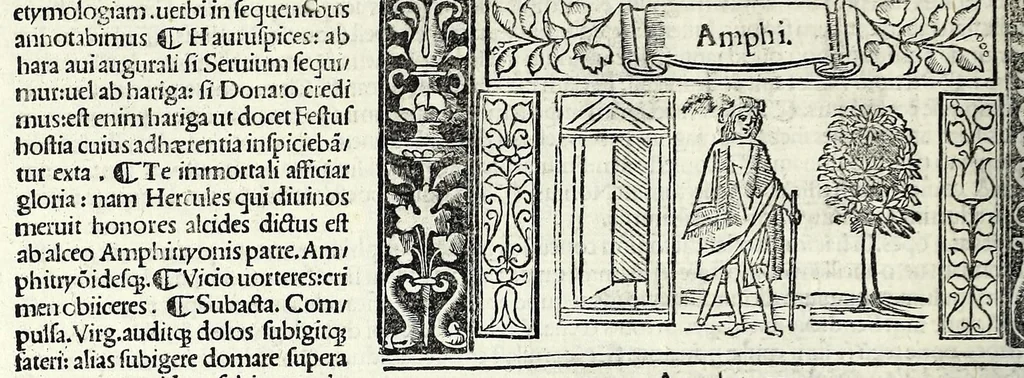 An illustration from M. Plauti linguae latinae principis comoediae XX recens ex collatione multorum codicum : q[ui] tum calamo scripti tum formulis excusi habeba[n]tur singulari diligentia recognitae : item eaedem comoediae o[mn]ibus fere locis co[m]mentationibus ornantur, 1511, leaf 76