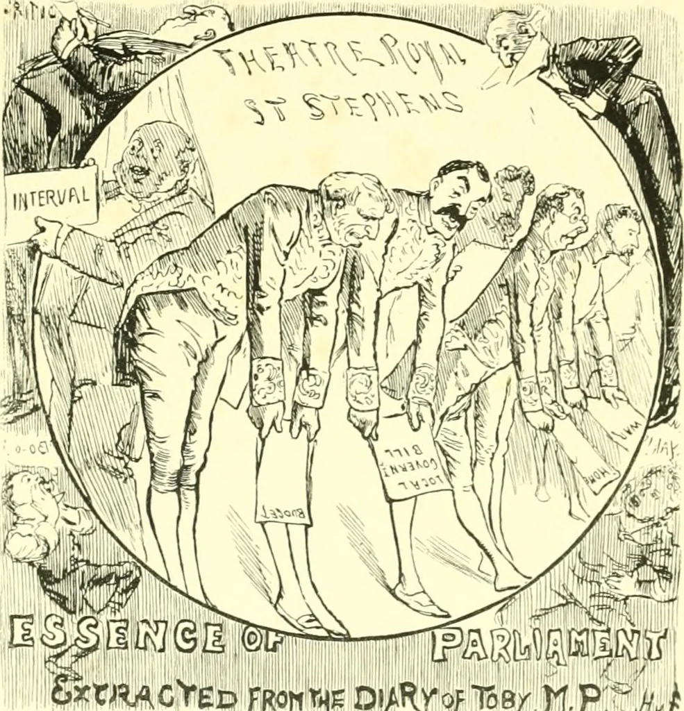 An illustration from M. P.'s in session, from Mr. Punch's parliamentary portrait gallery, 1889, leaf 6