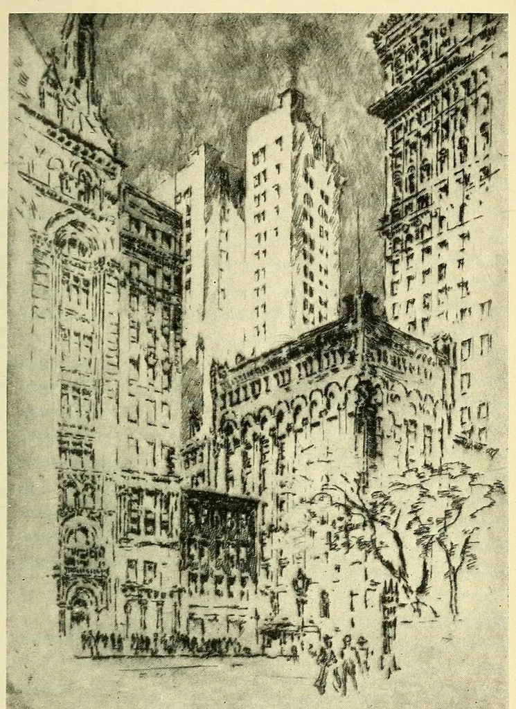 An illustration from Mr. Pennell's etchings of New York "skyscrapers", 1905, leaf 11