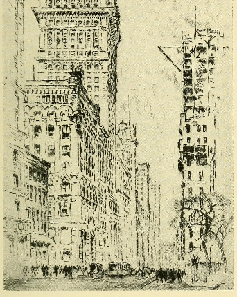 An illustration from Mr. Pennell's etchings of New York "skyscrapers", 1905, leaf 15