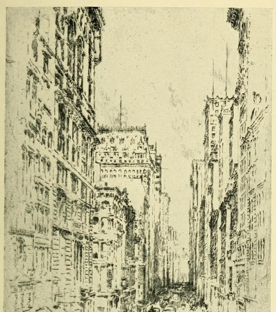 An illustration from Mr. Pennell's etchings of New York "skyscrapers", 1905, leaf 25